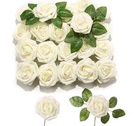 PartyWoo Artificial Flowers, 20 pcs Artificial Roses with Stems, Fake Flowers, Foam Flowers, Ivory White Roses Artificial Flowers, Valentines Day Decor, Valentines Day Decorations