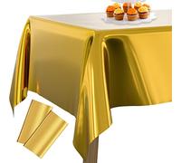PartyWoo Gold Foil Tablecloth, 2 PACK 54 x 108 Inch Rectangle Tablecloth, Foil Tablecloth for 6 to 8 Foot Table, Metallic Table Cover, Waterproof Table Cloth for Birthday, Wedding, Party