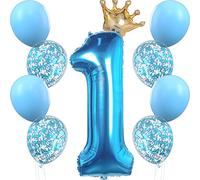PartyWoo Happy Birthday Balloon Set, Large Number 1 Balloon, Balloons for Parties, 1st Birthday Decorations Boy, Happy Birthday Decorations, Blue Balloons, Party Supplies, Crown Balloon (Blue)