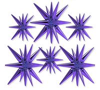 PartyWoo Purple Star Balloons - 6 One-Piece 14-Pointed Starburst, 22 Inch Explosion With Ribbon, Point Foil, Large Mylar for Party Decorations
