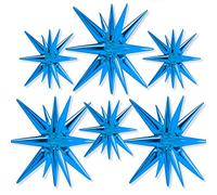 PartyWoo Royal Blue Star Balloons 6 pcs, One-Piece 14-Pointed Starburst Balloons, 27 & 22 inch Star Explosion Balloons with Ribbon, Point Star Foil Balloons, Large Mylar Balloons for Party Decorations