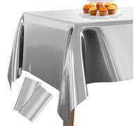PartyWoo Silver Foil Tablecloth, 2 PACK 54 x 108 Inch Rectangle Party, for 6 to 8 Foot Table, Metallic Cover, Waterproof Cloth Birthday, Wedding, Silver-2 Pack-9566