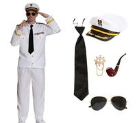 PartyXclusive Men's Captain Costume with Accessories, 7 Pieces - Shirt, Trousers, Hat, Glasses, Tie, Whistle & Watch Chain, Captain Jacket Men, Sailor Uniform, Carnival Costume - Size M to XL (XL)