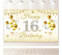 PartyYaa 16th Birthday Banner Decorations, Happy 16th Birthday Backdrop Banner, Extra Large Party Photo Booth Background Decor Sign Poster for Girls Boys