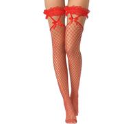 PARUPRUP Fishnet Stockings for Women Sexy - Thigh High with Bows Mesh Hold ups (Red)