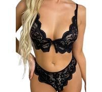 PARUPRUP Lace Bow Lingerie Set Women Sexy Underwear See-Through Bra and Knickers Set Hot Lady Nightwear Thin Cup Breathable Hollow Bra and Brief Set (Black, S)