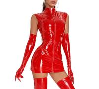 PARUPRUP Sexy Babydoll Bodycon Dress Faux Leather Mini Tight Strappy Backless Hollow Out Club Cocktail Disco Nightclub Wear (Red, M)