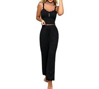 PARUPRUP Women’s 2 Pieces Solid Color Pyjamas Set Sleeveless Camisole High Waist Pants Soft Cami Top Trousers Pjs Set Comfortable Loungewear Lace Sleepwear (UK, Alpha, XXL, Regular, Regular, Black)