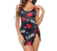 PARUPRUP Women Sexy Lingerie Halter Letter Floral Slip Nightdress Lace Trim Deep V Side Split Nightgown Sleepwear Backless Mini Dress Sling Dress Babydoll Pajamas (Black)