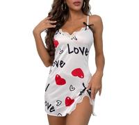 PARUPRUP Women Sexy Lingerie Halter Letter Floral Slip Nightdress Lace Trim Deep V Side Split Nightgown Sleepwear Backless Mini Dress Sling Dress Babydoll Pajamas (White)