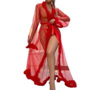 PARUPRUP Women's Sexy Feather Trim Robe Mesh Sheer Kimono Dressing Gown Bridal V-Neck Babydoll Fluffy Tulle Bathrobe (UK, Alpha, One Size, Regular, Regular, Red)