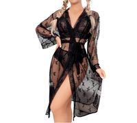 PARUPRUP Women's Sexy Mesh Sheer Robe Butterfly Kimono Lace V-Neck Dressing Gown See Through Bathrobe with Satin Belt Long-Sleeve Cardigan Bikini Cover Up Bridal Bridesmaid Dress Lightweight Nightwear