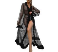 PARUPRUP Women's Sheer Mesh Robe See Through Lingerie Feather Trim Kimono Floor Length Dressing Gown Flared Sleeves Bathrobe Bridal Fluffy (UK, Alpha, One Size, Regular, Regular, Black)