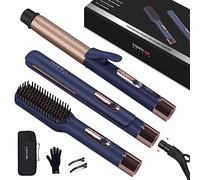 PARWIN PRO BEAUTY 3 in 1 Styling Set, 25mm Hair Straightener, 32mm Hair Curler, Hair Straightener Brush, Detachable Power Cord, LED Temp Control, Rapid-Heat up, for Gift & Travel, Prussian Blue