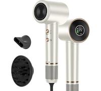 Parwin Pro Beauty Whisper Sonic Air Hair Dryer | 110,000 RPM Motor | 200M Negative Ions | HD-LED Display | Magnetic Attachments | 25m/s Airflow | Low Noise | 430g | UK Plug (Classic Silver)