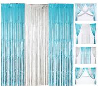Parxara Extra Wide Blue Silver Foil Fringe Curtains, 3x2 meters Birthday Decorations Metallic Streamers, Party Photo Booth Backdrop for Holiday Wedding Engagement Bridal Shower-3 Packs Each 1 x 2 m