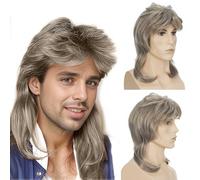PARXITN Men's Mullet Wig 70s 80s 90s Heavy Metal Disco Wig Men 25 cm Long Grey Mix Blonde Synthetic Hair Wig Punk Rock Style Cosplay Halloween Costume Party Wig