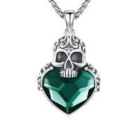 PARYFO Skull Necklace 925 Sterling Silver Skull Pendant Necklace with Green Crystal Skulls Gothic Jewelry Gifts for Men Women Girls