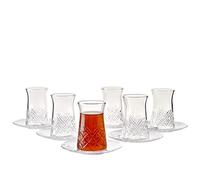Pasabahce Crystal Turkish Tea Glasses and Saucers, Set of 12 Turkish Tea Cup Set, 6 Cups and 6 Plates Perfect for Tea Party, Gifts, Housewarming, Weddings, Aniversary