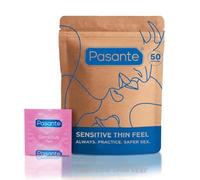 Pasante Sensitive Condoms Thin Extra Feel 50 Pack - Condoms Bulk for Men, Silicone Lube, Natural Latex, Extra Safe Pleasure, Long Last Delay and Close Fit