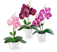 PASCH® Artificial Flowers in Pot (35 cm) - Set of 3 Orchids Artificially Matched Arrangement in High Gloss Ceramic Pots, Decorative Flowers Artificial Orchids (Purple-Rose)