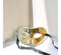 Pasdrucn 2Pcs Disco Ball Glitter Mask, Masquerade Mirror Mask for Men and Women, Retro Disco Party Mask for DJ Stage (Gold+Silver Gradient)