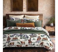 Paseo Road Ranch Life Western Bedding 3 Piece Queen Duvet Cover Set, Cotton Cowboy Longhorn Horse Print Western Bed Set, Rustic Southwestern Comforter Cover Set with Pillow Shams