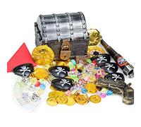 Pashali Pirate Treasure Chest Costume Accessories-Large Toy Box with locks Pirate coins Gems Money Party Supplies with Red Hood, Gun, Eye-Patches, Swords, Telescope,Rings, Earrings,Badge
