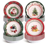 Pasimy 100 Pcs Christmas Paper Bowls Bulk 12 oz Merry Christmas Disposable Bowls Red and Green Plaid Serving Bowls Snowman Santa Claus Snack Soup Dessert Food Tablewares for Xmas Party Favors Supplies