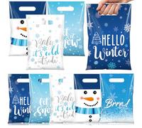 Pasimy 100 Pcs Hello Winter Gift Bags Winter Snowflake Plastic Bag Bulk Snowman Treat Bags Gift Wrapping Sacks for Xmas Birthday Party Favors Supplies