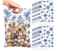 Pasimy 100 Pcs Snowflake Plastic Gift Bags Bulk Winter Treat Bags Christmas Clear Merchandise Bag Xmas Goody Bag with Handle for Shopping Retail Holiday Party Supplies 9.84 x 6.69 Inch (Dark Blue)