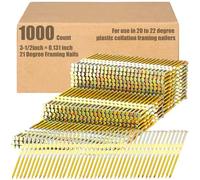 Pasimy 1000 Per Box 3-1/2 x 0.131 Inch Framing Nails 21 EG Degree Smooth Shank Plastic Collated Galvanized Full Round Head Framing Nails