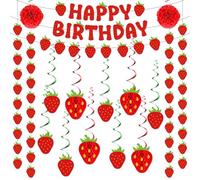 Pasimy 106 Pcs Strawberry Party Decorations Set, Strawberry Birthday Hanging Banners Paper Honeycombs Balls Paper Pom Poms Decor for Summer Berry Sweet Theme Birthday Party Supplies Decoration