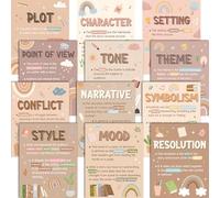Pasimy 12 Pcs Boho Literary Elements Posters Set Literature Classroom Decorations Story Elements Bulletin Board Educational Art Prints Rainbow Study Materials for Teacher School (Yellow Boho)