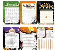 Pasimy 149 Pcs Halloween Party Games with Pencil 25 Players Halloween Word Search Scramble Trivia Quiz Game Bingo Card for Adults Groups Fall Family Activities Party Favors Supplies
