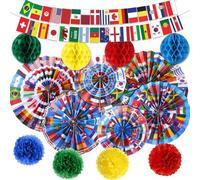 Pasimy 15 Pcs International World Flags Decorations Flags of The World Hanging Paper Fans Country Flags Banner Bunting Paper Pompoms Honeycomb Ball for Around The Nation Classroom Sport Supplies