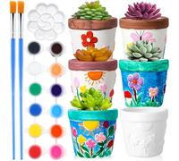 Pasimy 6 Set DIY Ceramic Succulent Planter Pots Paint Your Own Flower Pots Craft Kit Unpainted Bisque Paintable Flowerpot with Brush Palette Ready to Paint for Family Activity Gift(Classic)