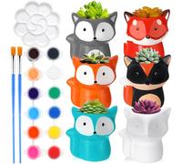 Pasimy 6 Set DIY Ceramic Succulent Planter Pots Paint Your Own Flower Pots Craft Kit Unpainted Bisque Paintable Flowerpot with Brush Palette Ready to Paint for Family Activity Gift(Fox)