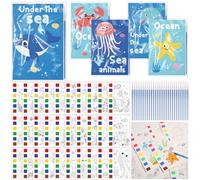 Pasimy 90 Pcs Sea Animals Gift Set for Kids, Ocean Watercolor Painting Cards Under The Sea Water Coloring Craft with Summer Plastic Bags and Paintbrushes for Classroom Ocean Party Gift Supplies Decor