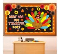 Pasimy Thanksgiving Turkey Bulletin Board Classroom Decorations with 3D Paper Fans Fall Turkey Cutouts What Are You Thankful for Bulletin Board for Thanksgiving Harvest School Classroom Decor