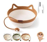 Pasisuu 3 Size Cotton Rope Handwoven Cat Basket Bed with Cat Ear Handles | Washable Round Pet Instinct Basket with Hanging Knotted Ball, Boho Indoor Cat Sleeping Nest House for Cat Lover Brown L