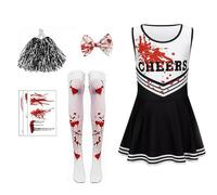 PASLFC Halloween Cheerleader Costume Girls, Horror Cheerleader Costume Children, Zombie Cheerleaders Costumes, Zombie Costumes Girls with Pompoms, Blood Tattoo Sticker, Bow Hairpin, for Halloween