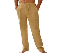 PASLTER Mens Casual Linen Pants Loose Fit Elastic Drawstring Waist Straight-Legs Summer Yoga Beach Long Pants, A-khaki, XXL
