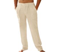 PASLTER Mens Casual Linen Pants Loose Fit Elastic Drawstring Waist Straight-Legs Summer Yoga Beach Long Pants, A-Beige, XXL