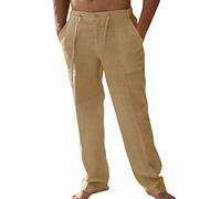 PASLTER Mens Casual Linen Pants Loose Fit Elastic Drawstring Waist Straight-Legs Summer Yoga Beach Long Pants, A-Khaki, Large