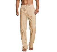 PASLTER Mens Casual Linen Pants Loose Fit Elastic Drawstring Waist Straight-Legs Summer Yoga Beach Long Pants, B-khaki, Large