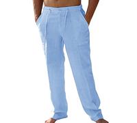 PASLTER Mens Casual Linen Pants Loose Fit Straight-Legs Elastic Drawstring Waist Summer Beach Long Pant - - XXL