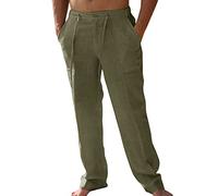 PASLTER Mens Casual Linen Pants Loose Fit Straight-Legs Elastic Drawstring Waist Summer Beach Long Pant - - Large