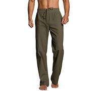 PASLTER Mens Casual Linen Pants Loose Fit Straight-Legs Elastic Drawstring Waist Summer Beach Yoga Long Pants, B-Army Green, Small