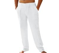 PASLTER Mens Casual Loose Fit Straight-Legs Cotton Linen Long Pants Elastic Waist Loose Fit Beach Pants White